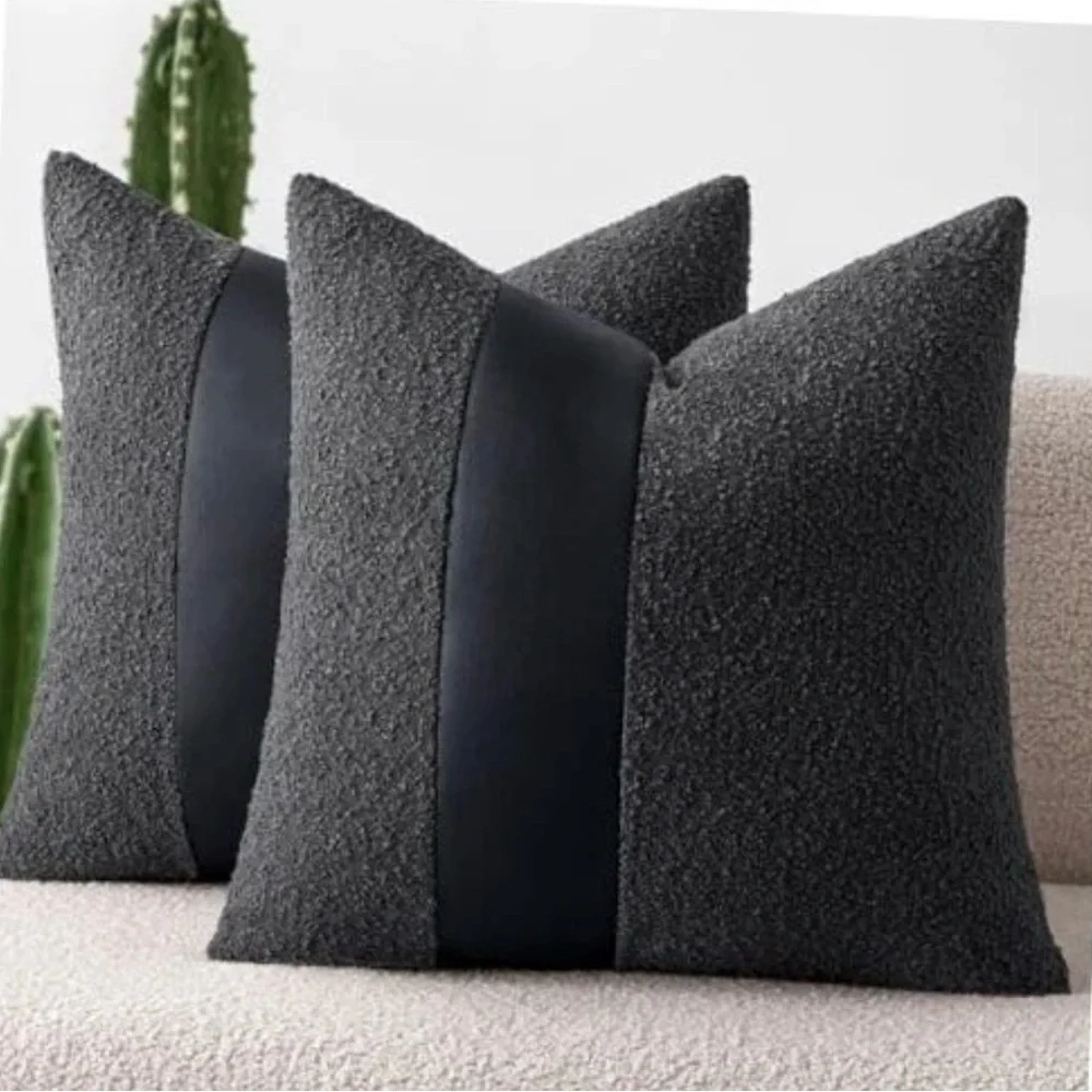 NWT 2-Boucle Pillow Covers 18x18” with Faux Leather, Charcoal Black